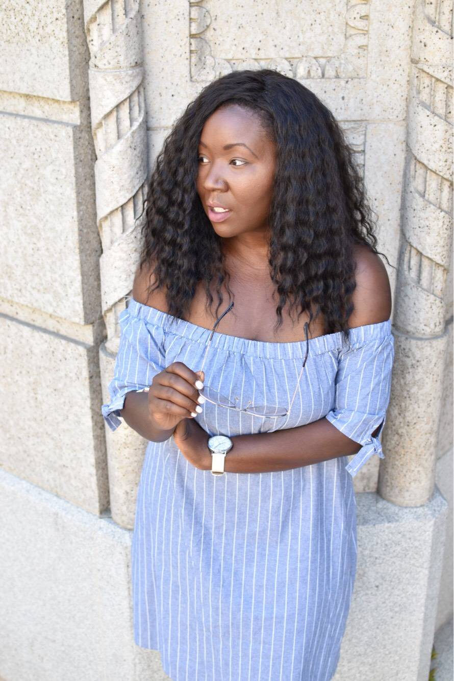 Summer Must-Haves: The Blue & White Stripe- Blue and white off the shoulder dress, perfect for the summer!! I have linked many affordable prices as well!!